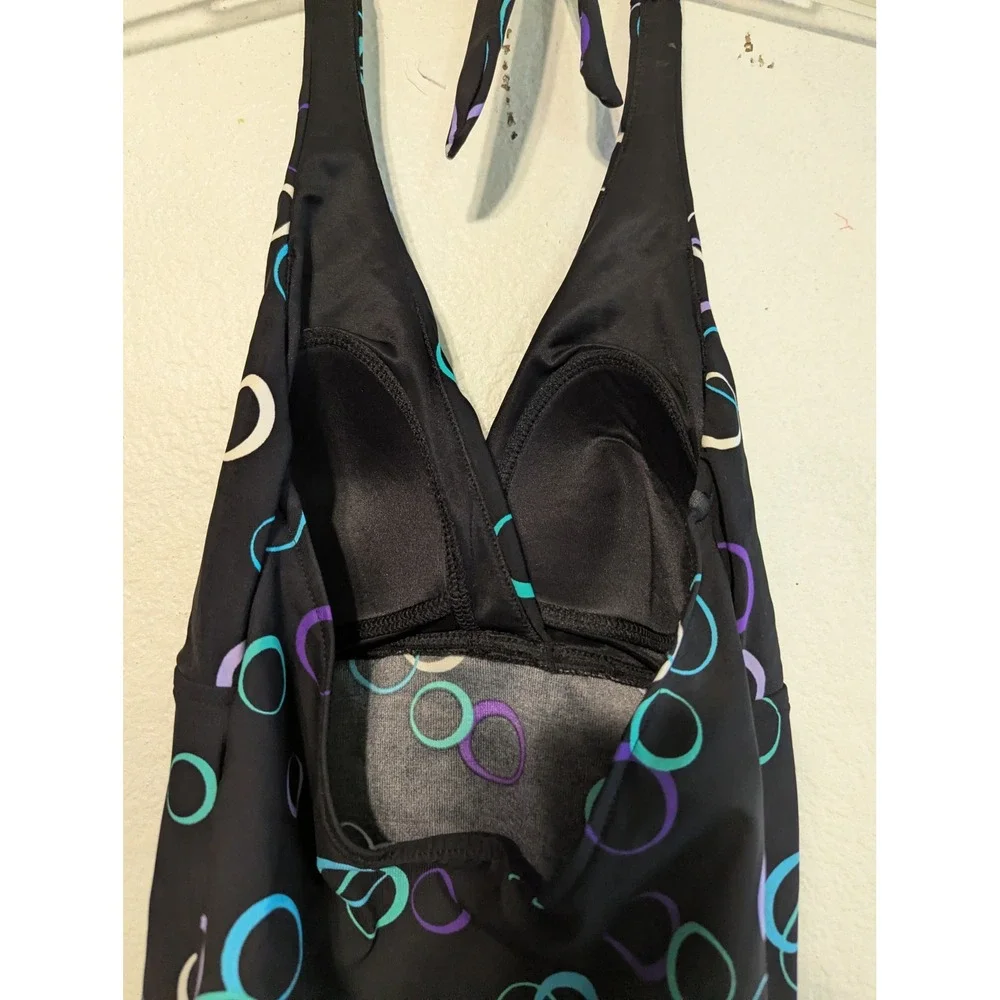 Miraclesuit Womens Halter One‎ Piece Swimsuit Black Geometric Circle Print 10